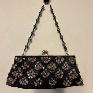 Vintage Black Beaded Gold Detail Chain Evening Purse
